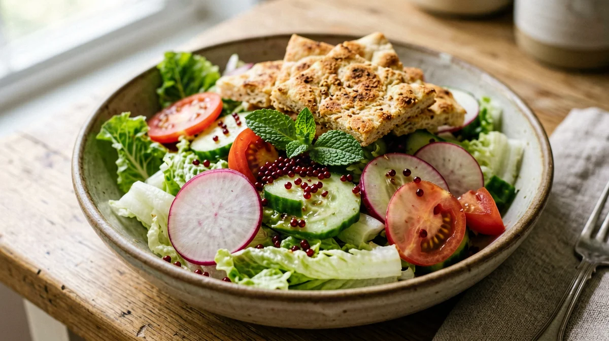 Fattoush di verdure con pita integrale tostata