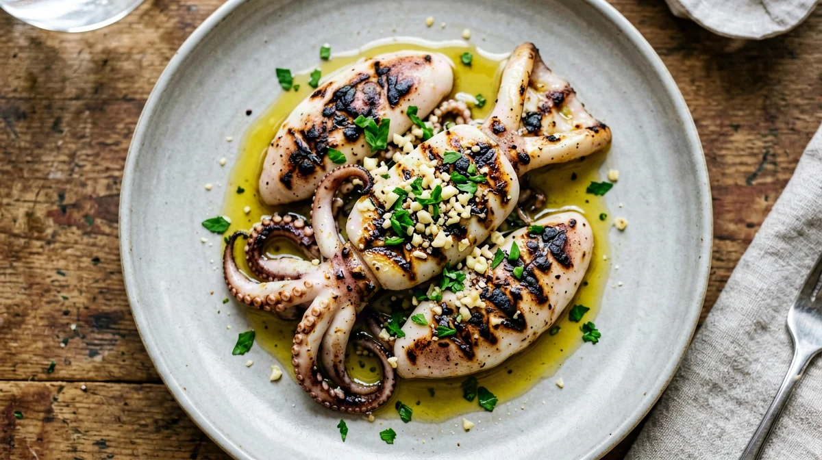 Grilled squid with garlic, parsley and lemon