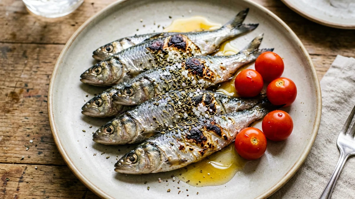 Sardine alla griglia con limone, origano e pomodorini