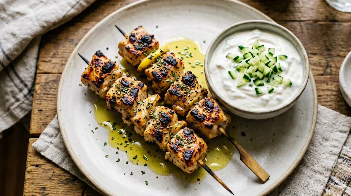 Chicken souvlaki skewers with light tzatziki