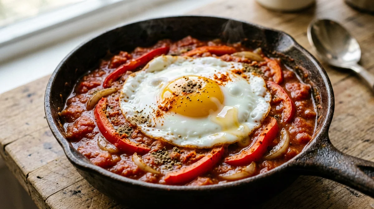 Mini shakshuka with egg, tomato and peppers
