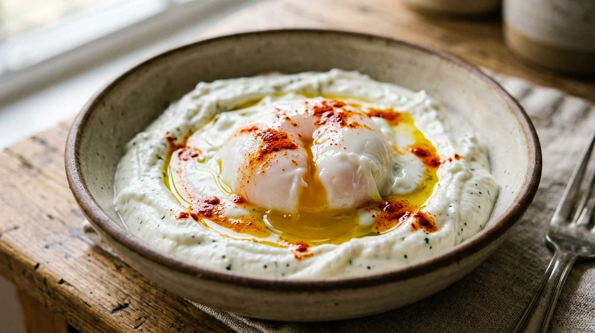 Poached egg on garlicky Greek yogurt with paprika