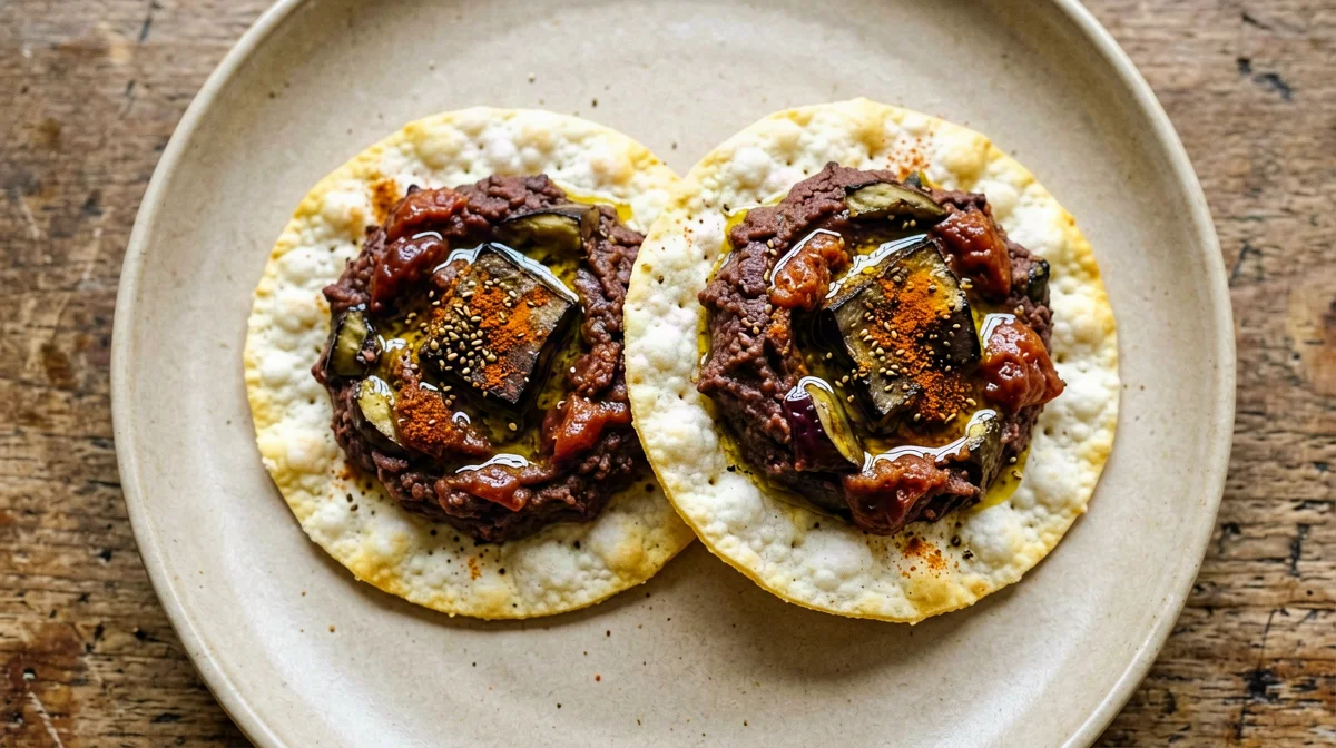 Moroccan aubergine zaalouk with corn cakes