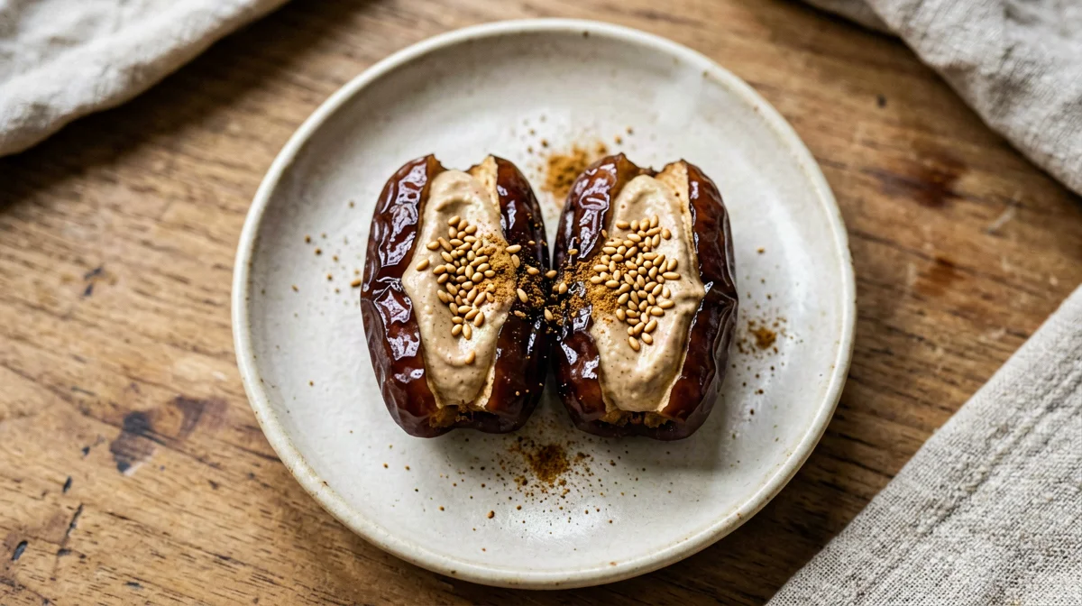 Medjool dates filled with tahini, toasted sesame and cinnamon