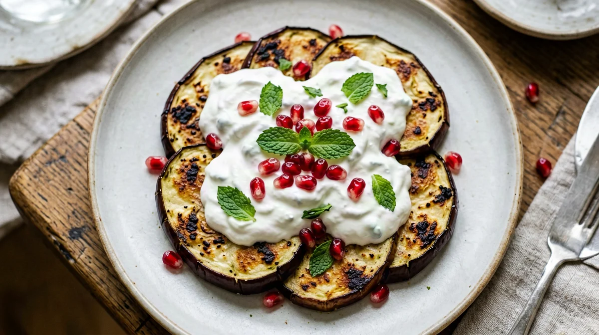 Melanzane arrosto con yogurt greco, menta e melagrana