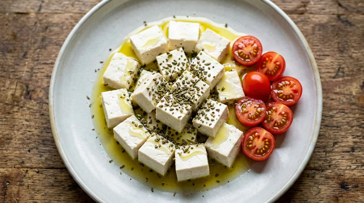Greek-style marinated tofu cubes with oregano