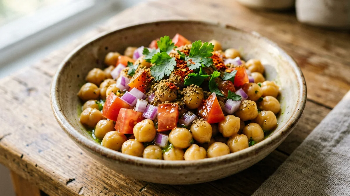 Chana chaat di ceci con pomodoro, cipolla e coriandolo