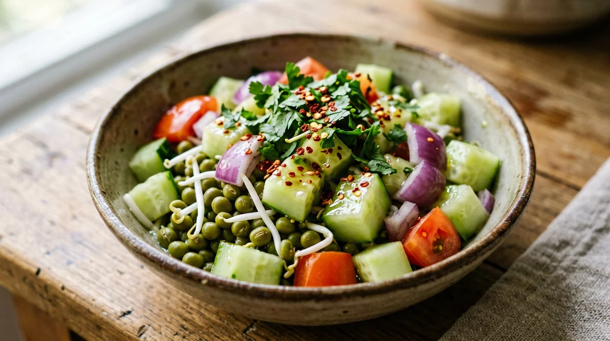 Chaat di fagioli mungo germogliati con cetriolo e lime