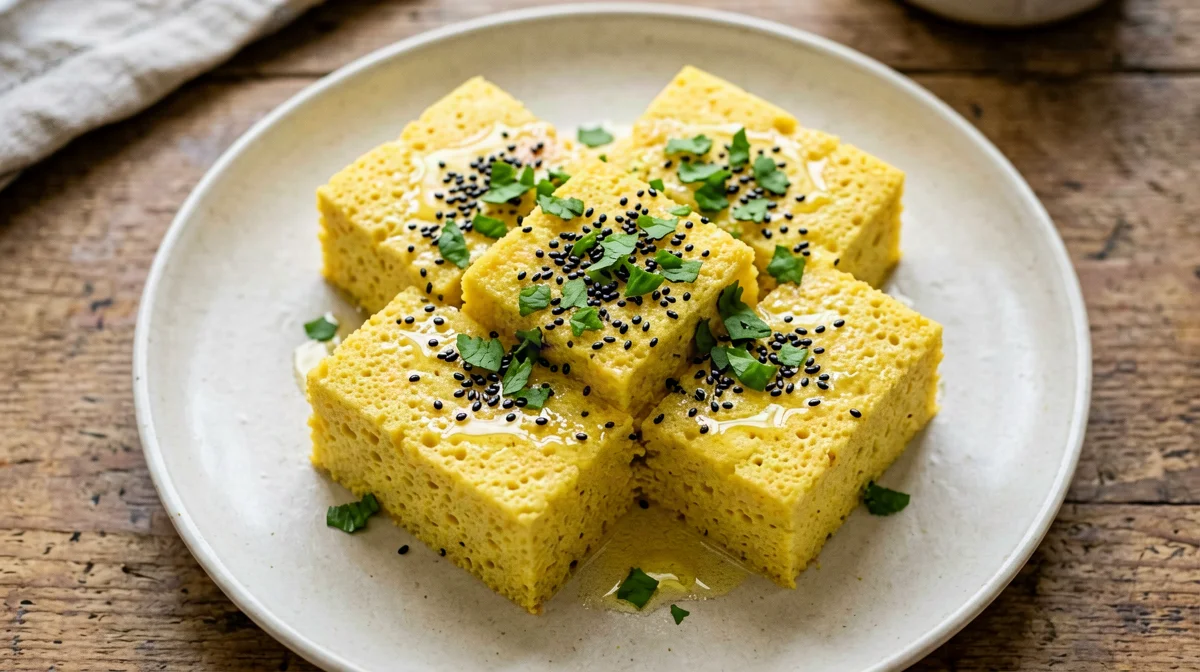Dhokla al vapore di farina di ceci con semi di senape
