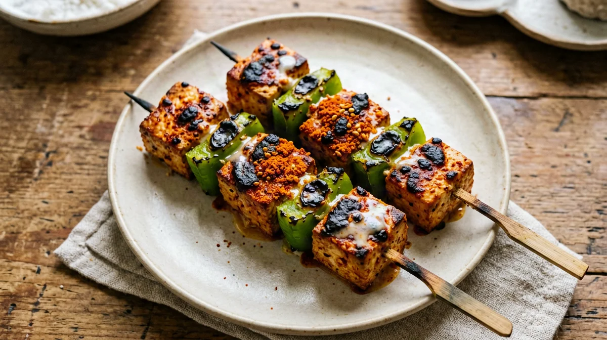 Spiedini di tofu tikka marinato al garam masala e lime