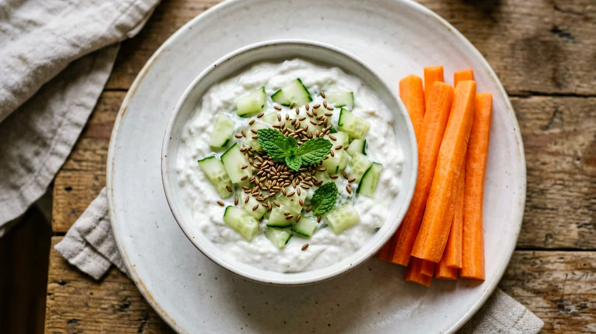 Raita di yogurt magro, cetriolo e cumino tostato con carote