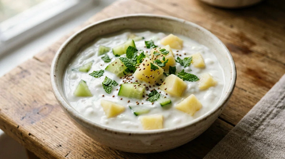 Vegan soy yogurt raita with cucumber, mint and potato