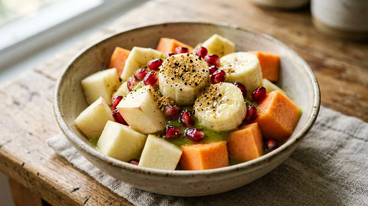 Chaat di frutta con mela, banana, papaya e melagrana