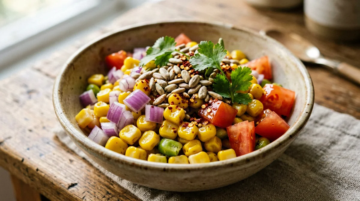 Corn chaat with sunflower seeds, onion and lime