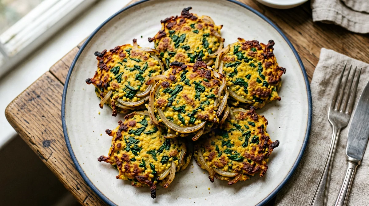 Baked onion and spinach pakoras with chickpea flour