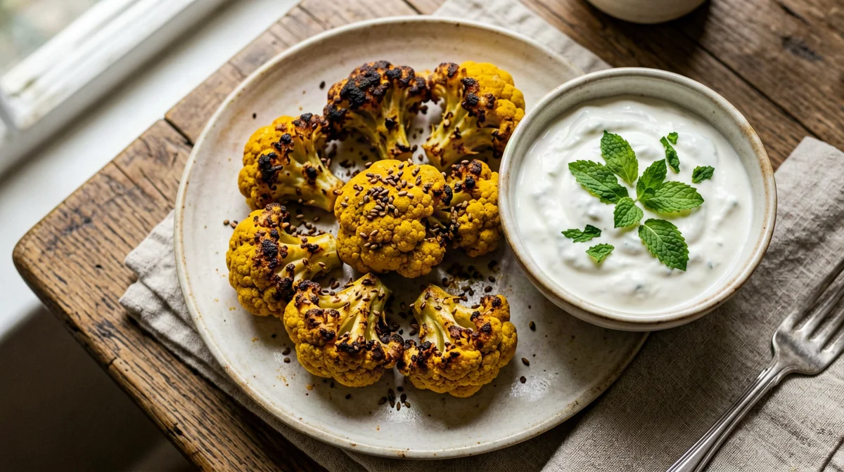 Turmeric roasted cauliflower with soy yogurt dip