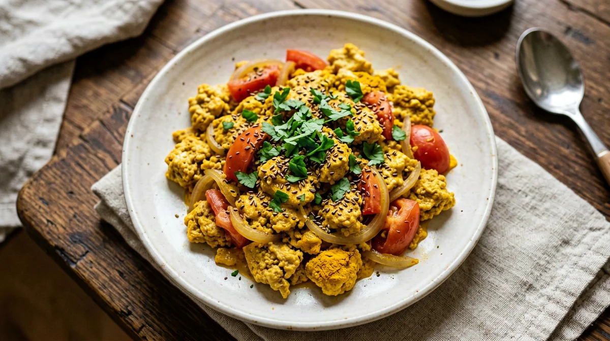 Tofu bhurji alla curcuma con pomodoro e coriandolo