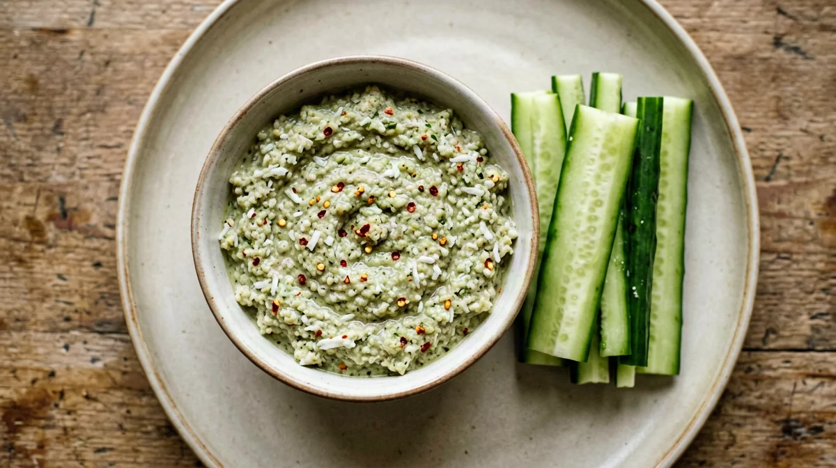 Coconut and coriander chutney with cucumber sticks