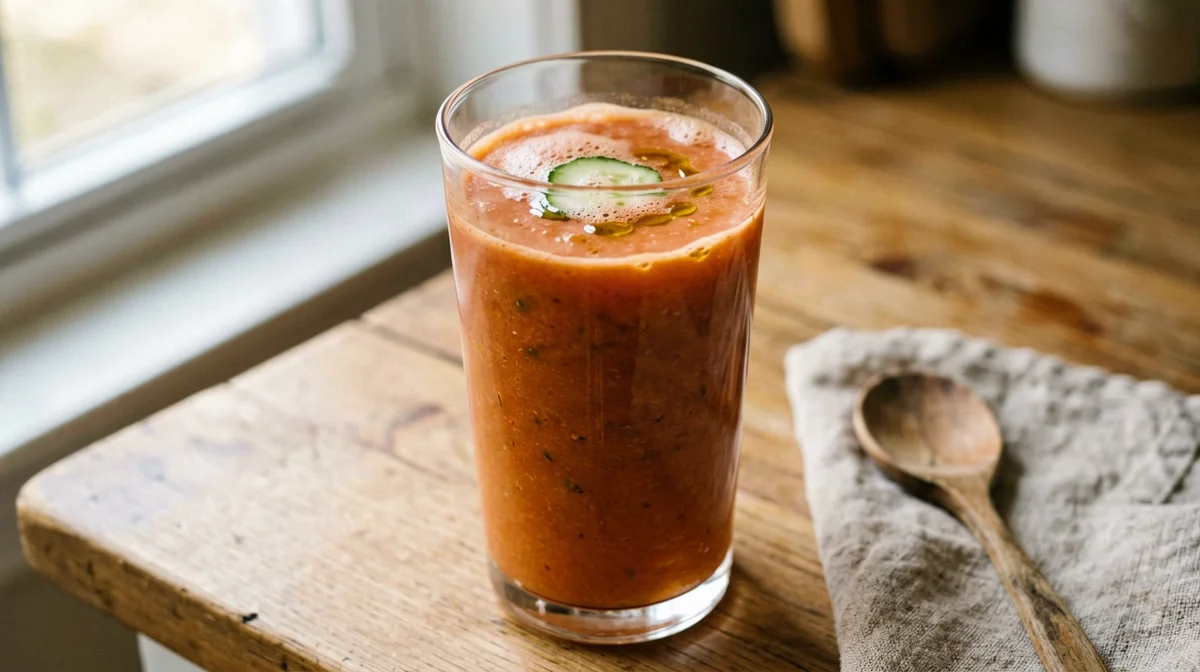 Gazpacho andaluso in bicchiere con cetriolo e peperone