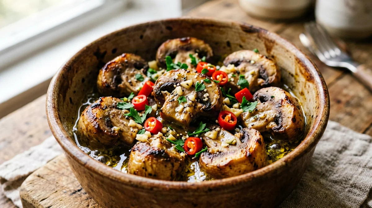 Garlic and parsley mushrooms in a little pot