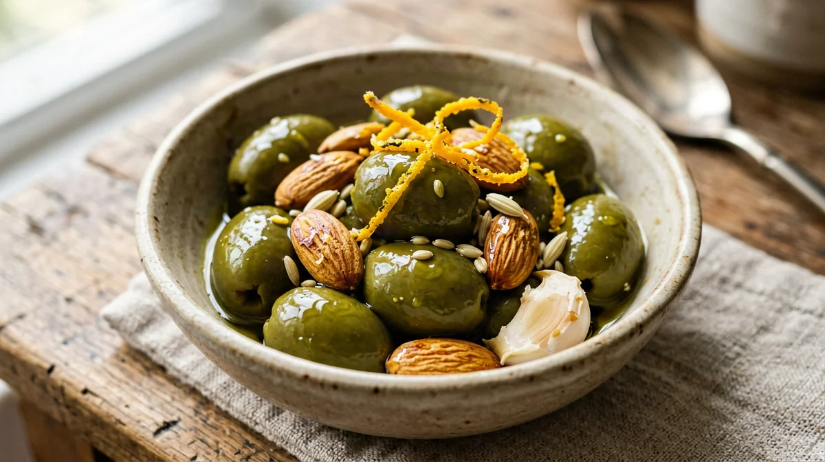 Olive verdi e mandorle marinate all'arancia e finocchio