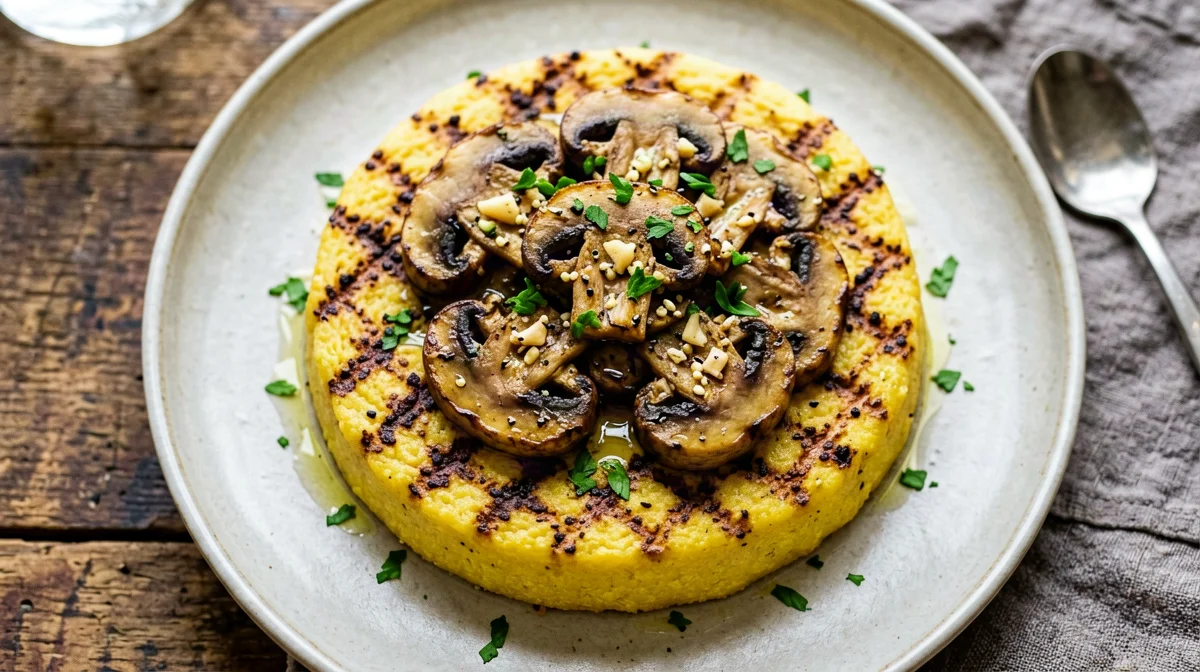 Grilled polenta with garlicky sautéed mushrooms