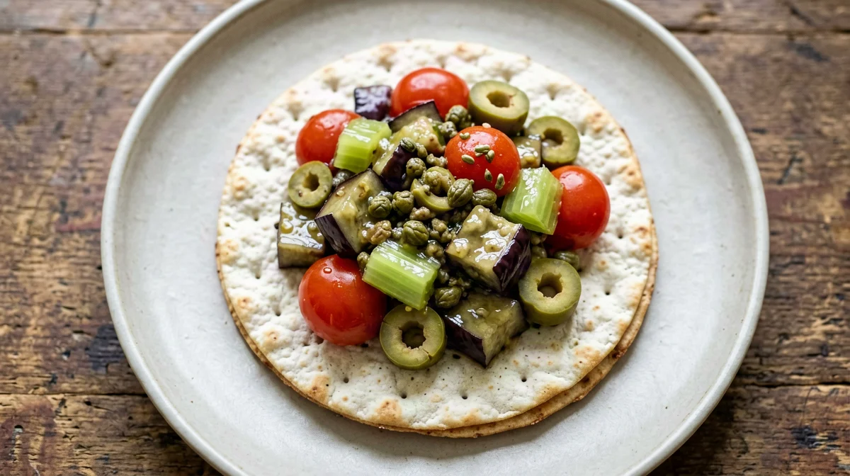 Light aubergine caponata on a rice cake