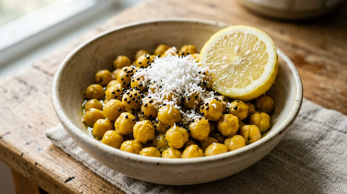 Coconut chickpea sundal with mustard seeds