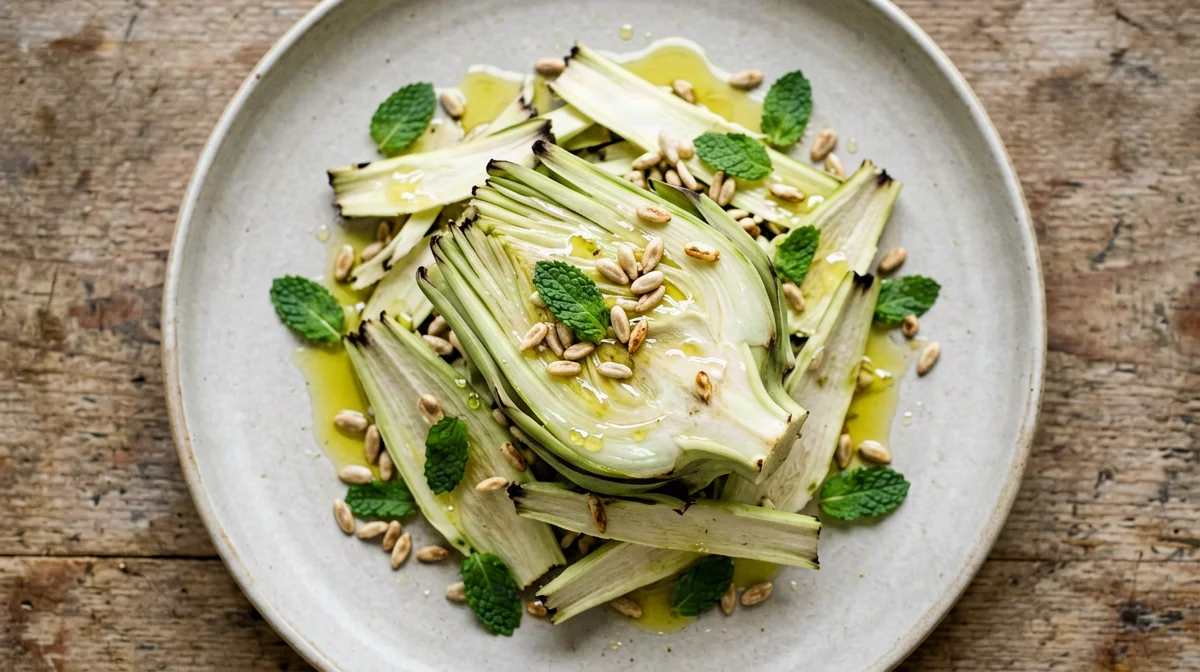 Carciofi crudi a lamelle con limone, menta e semi di girasole