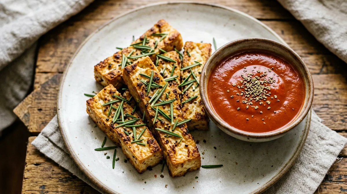 Crispy baked rosemary tofu with tomato dip