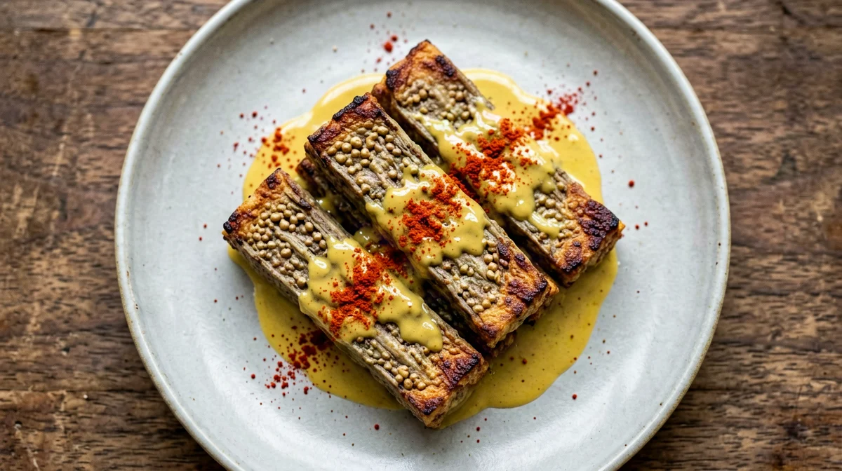 Crispy baked tempeh with mustard and paprika