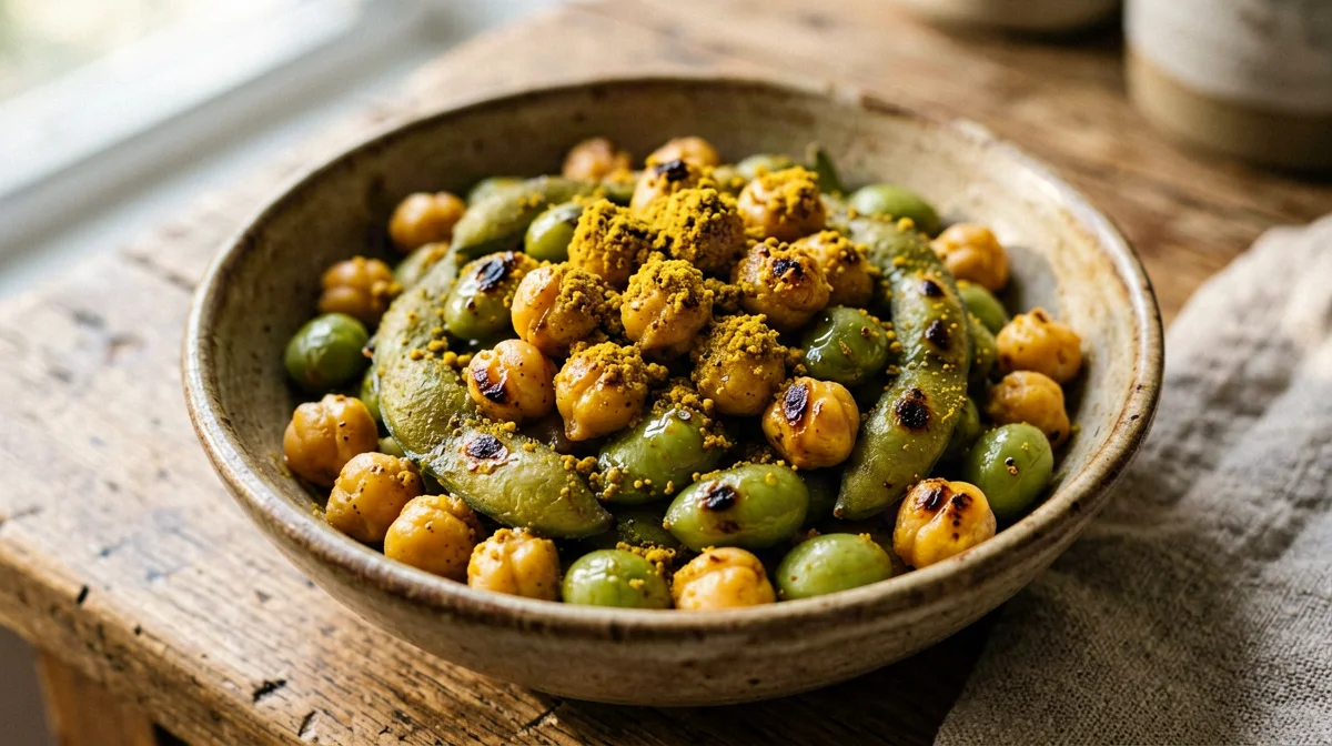 Ceci ed edamame tostati al forno al curry