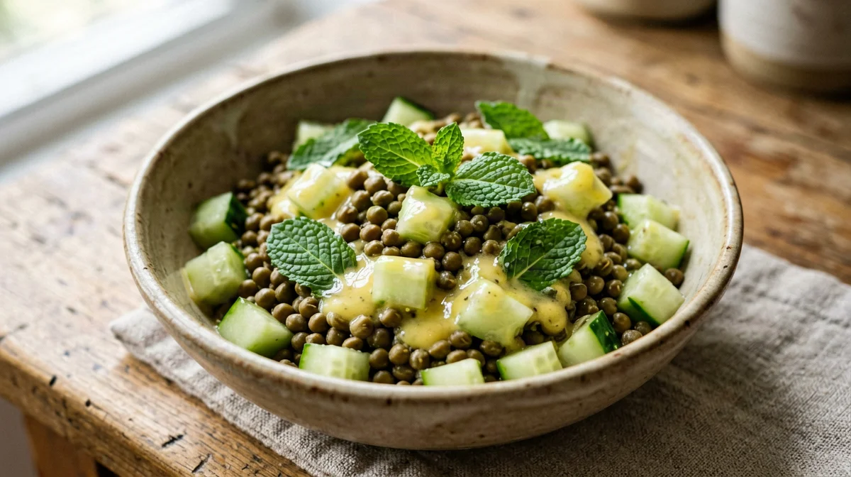 Lentil, cucumber and mint salad with mustard dressing