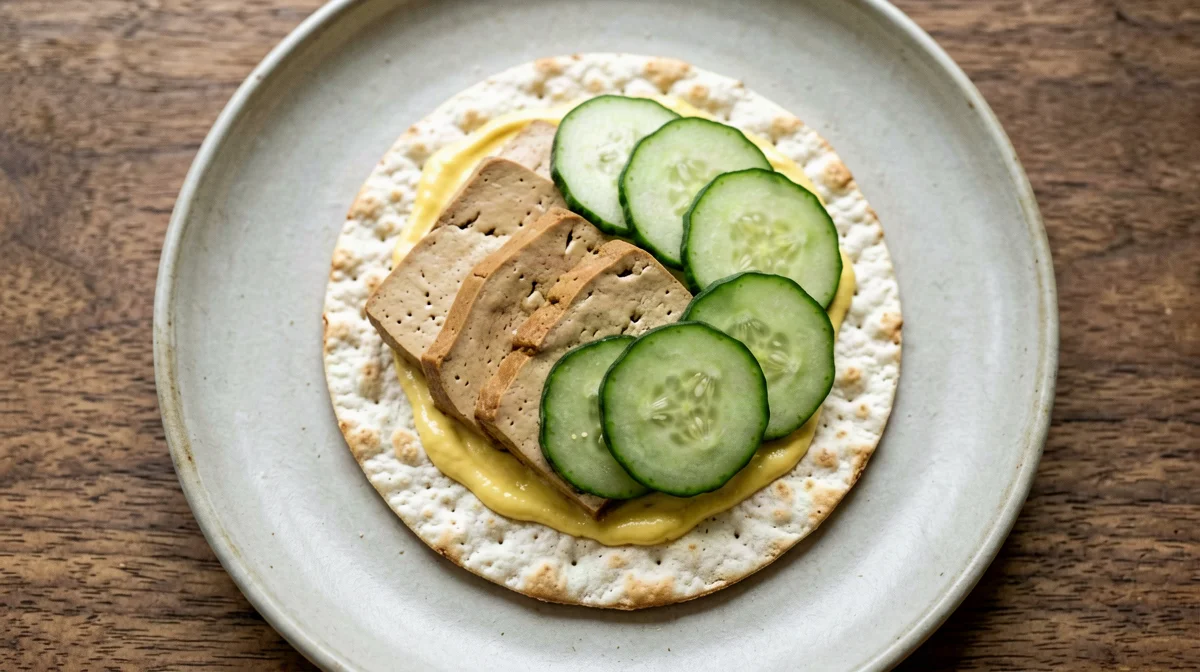 Galletta di riso con tofu affumicato, cetriolo e senape