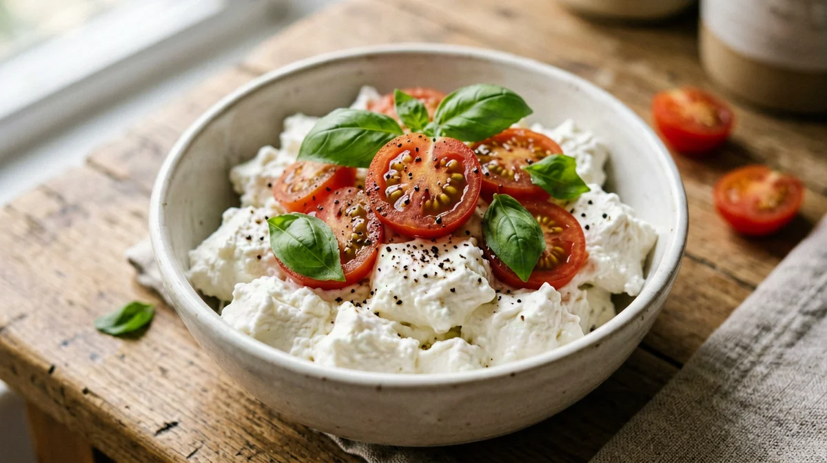 Low-fat cottage cheese with cherry tomatoes and basil