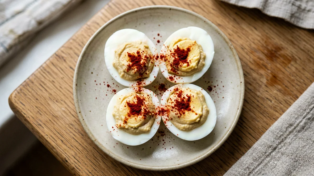 Boiled eggs with hummus and smoked paprika