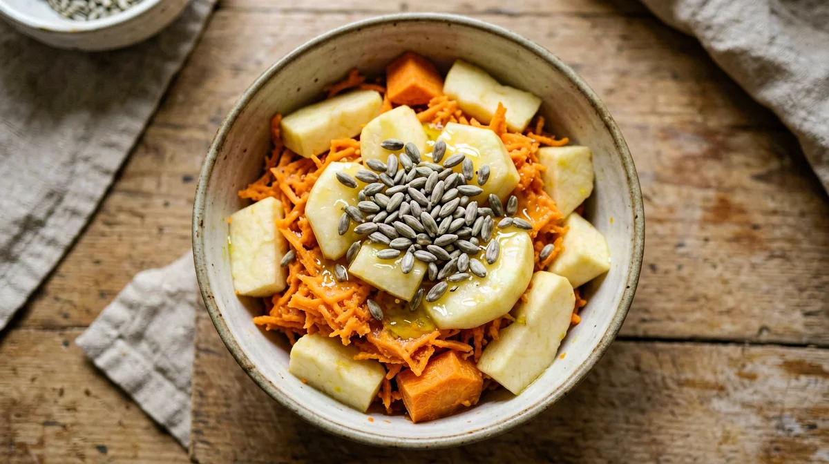 Grated carrot and apple with lemon and sunflower seeds