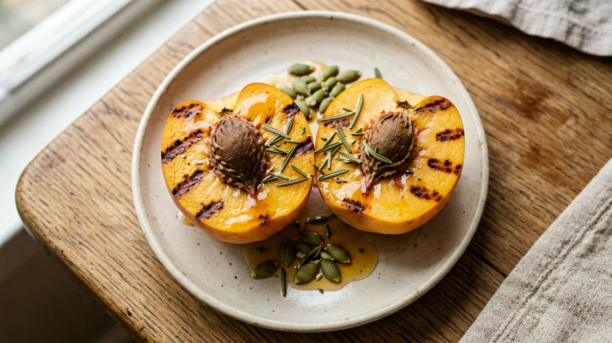 Rosemary grilled peach with pumpkin seeds