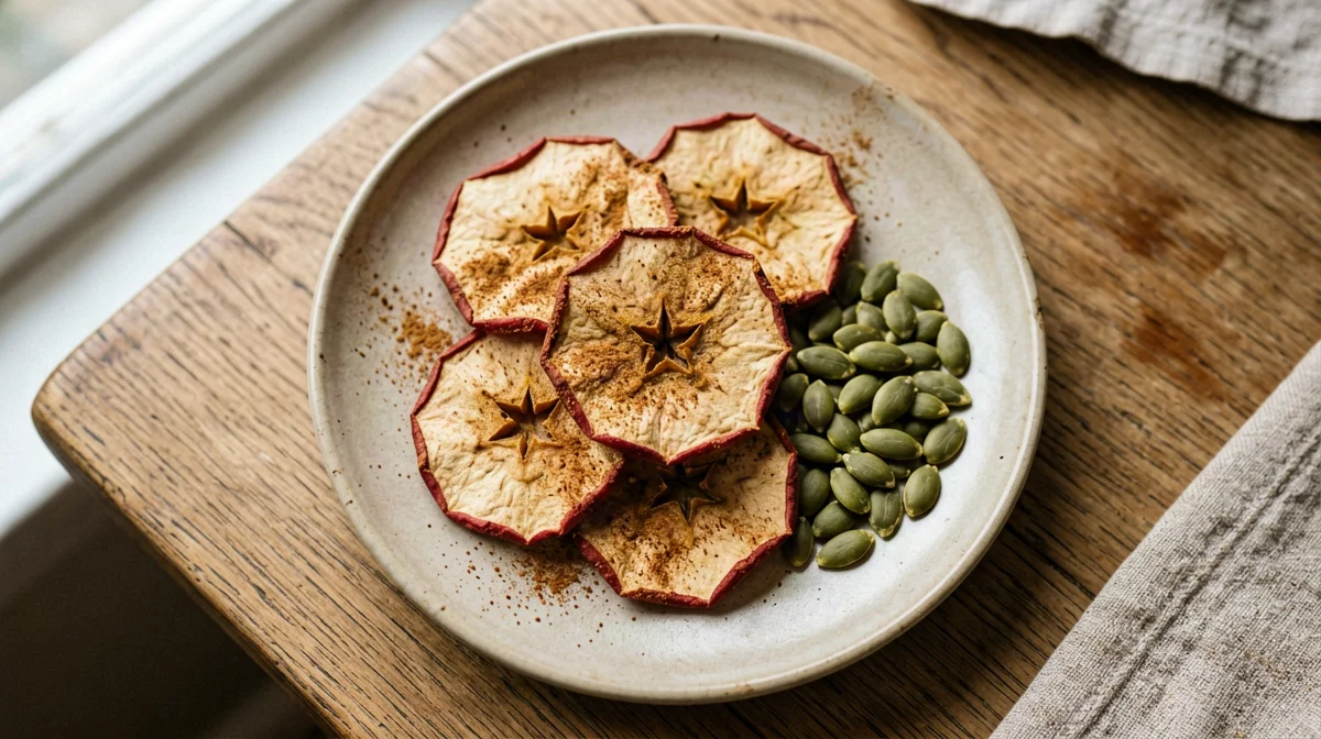 Cinnamon baked apple chips with pumpkin seeds