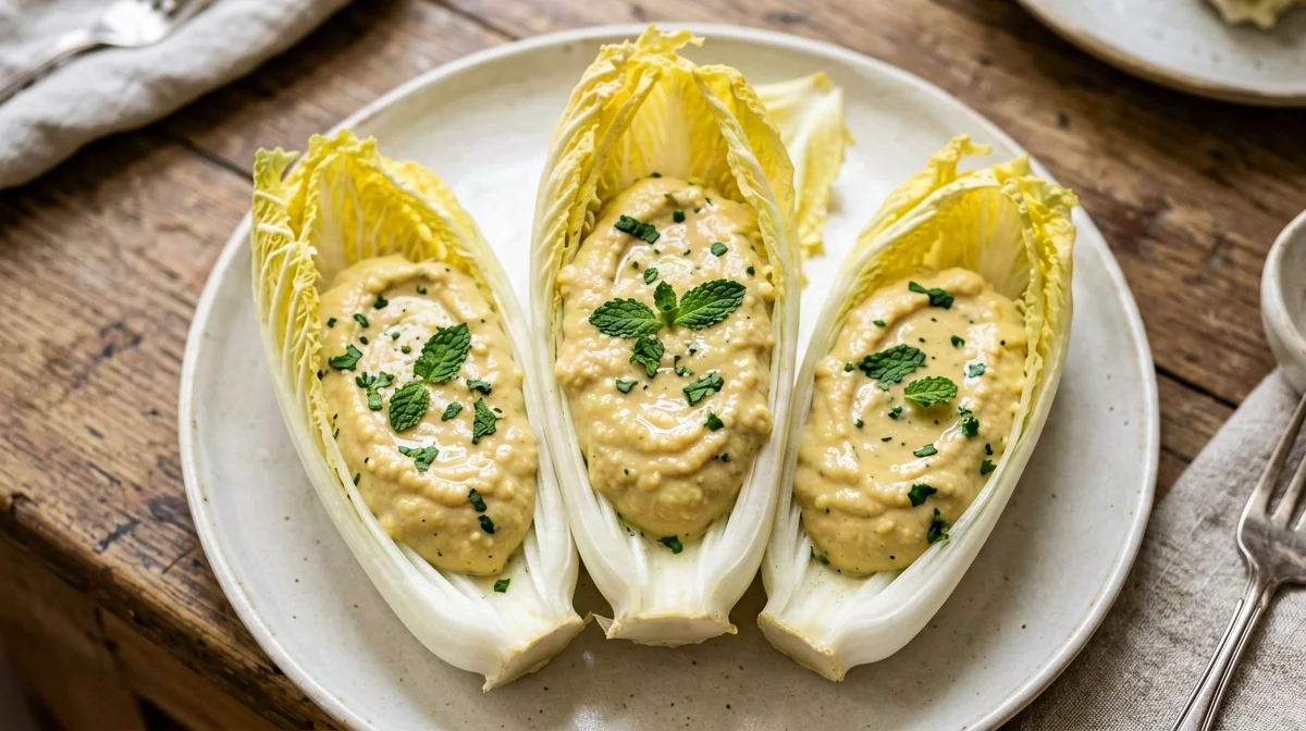 Belgian endive with dried fava bean and mint purée