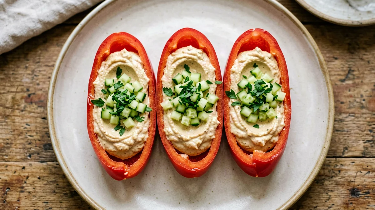 Barchette di peperone ripiene di hummus e cetriolo