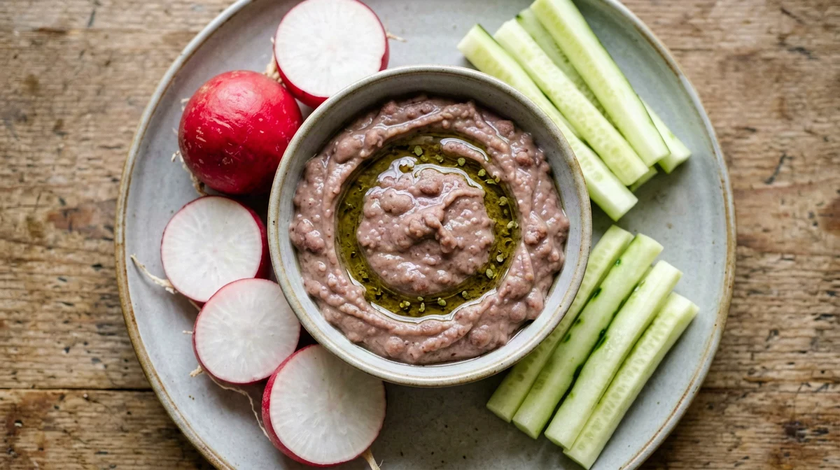 Sage borlotti bean dip with radishes and cucumber