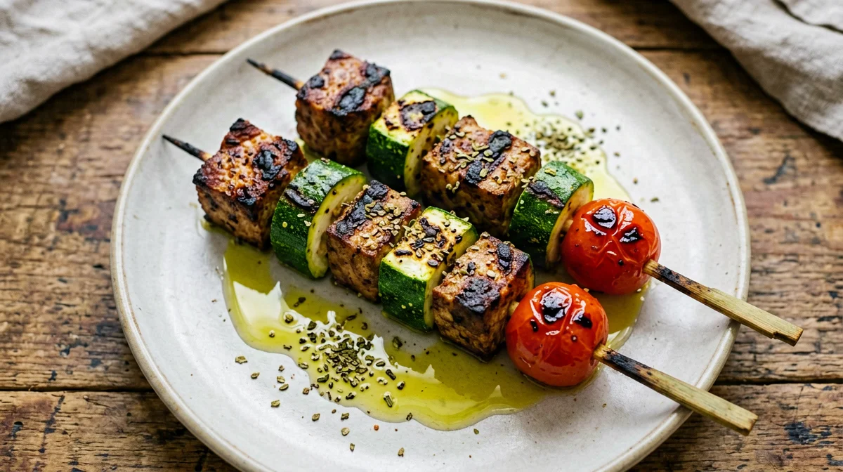 Spiedini di tofu affumicato, zucchine e pomodorini