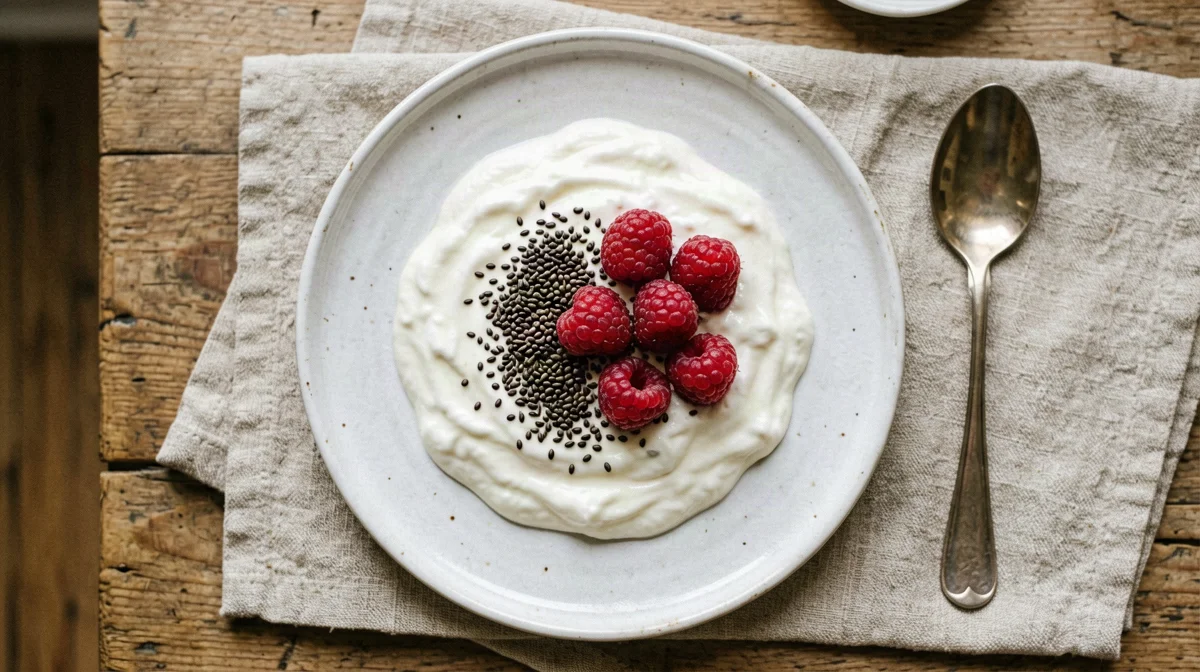 Soy yogurt with hemp seeds and raspberries