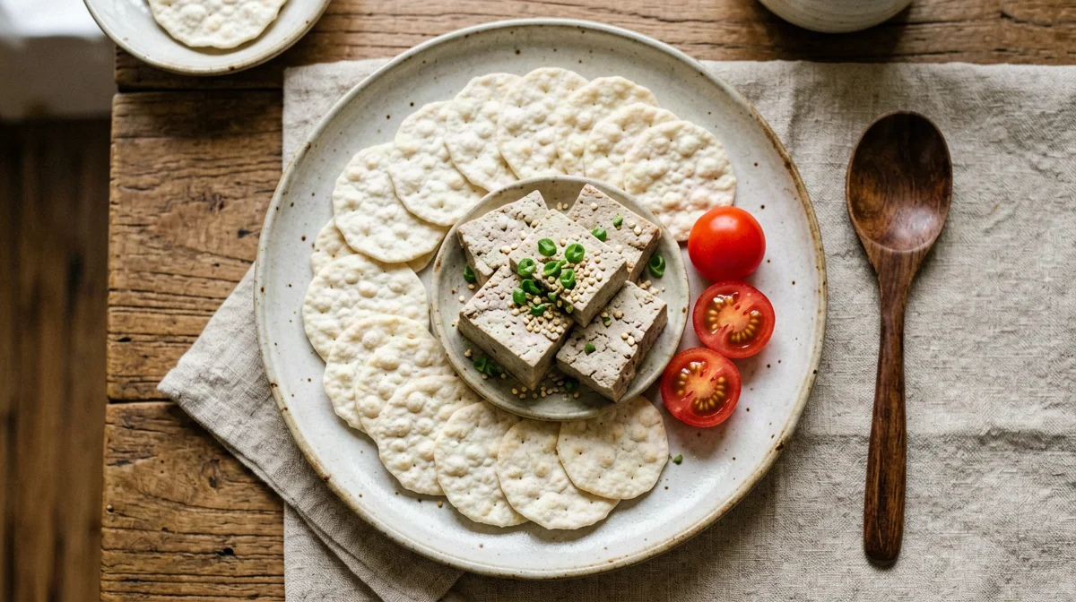 Rice cakes with smoked tofu and cherry tomatoes