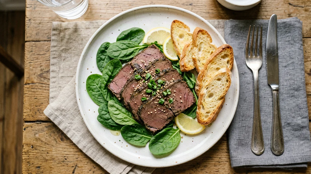 Sliced seitan with rocket, lemon and breadsticks