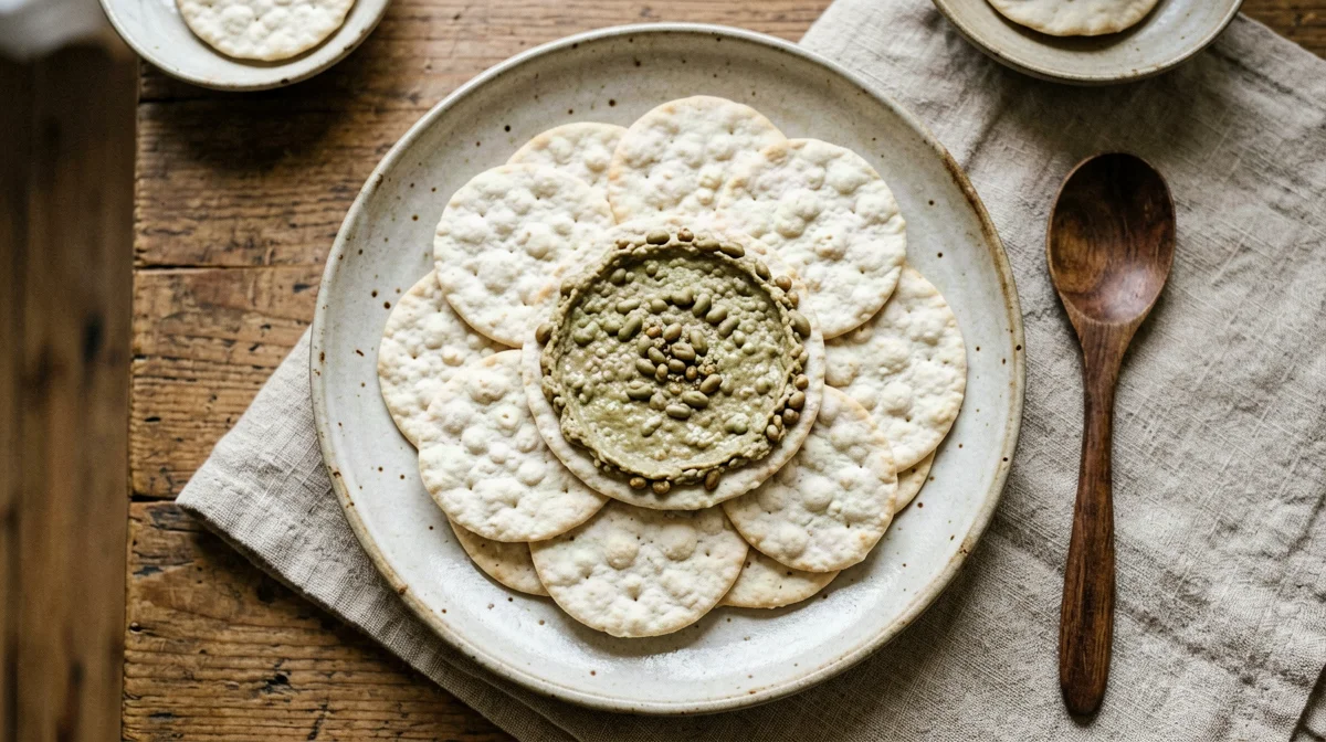 Lemony lupini spread on rice cakes