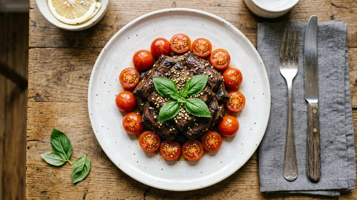 Seitan con pomodorini e basilico