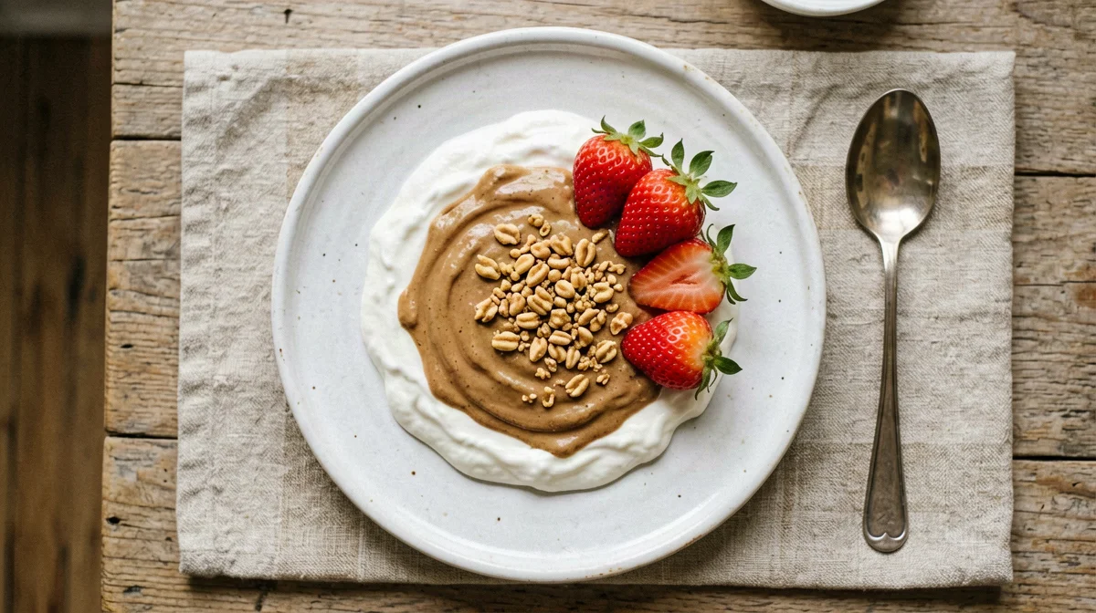 Soy yogurt with peanut butter and strawberries