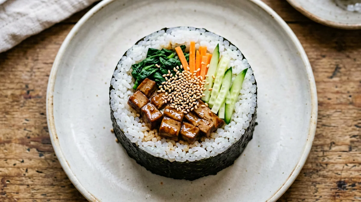 Kimbap vegano con tofu marinato, cetriolo e carote